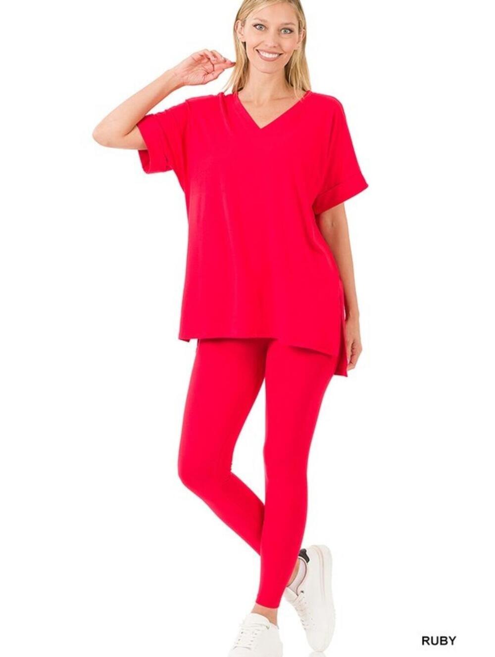 Women's Ruby Red V-Neck Tunic and Leggings Set